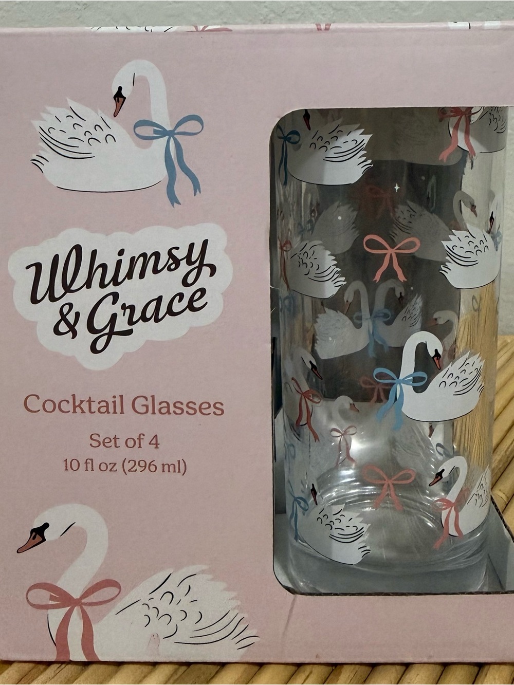 Set of 4 Whimsy & Grace Swans Light Blue Bows 10oz Cocktail Tumbler Glasses